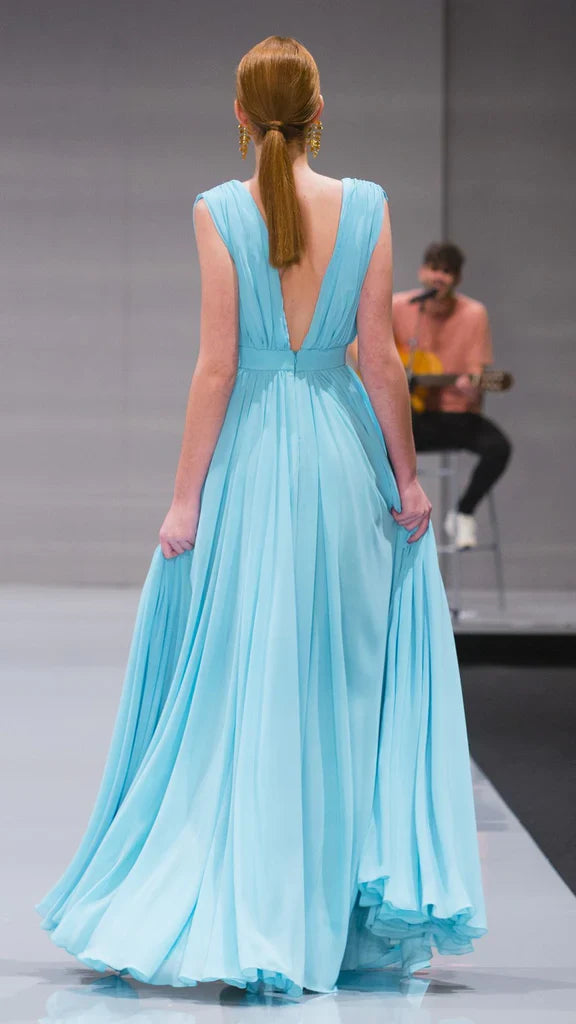 Vestidos formales de mujer, corte A, escote en V, sin mangas, hasta el suelo, de gasa, para fiesta / Tienda de vestidos de fiesta